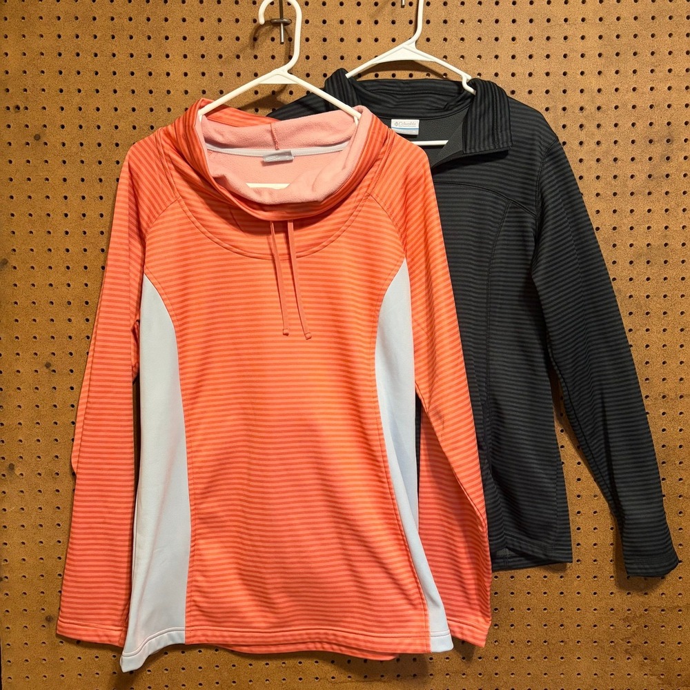 Columbia Fleece Pullover Lot XL Orange Black Striped Cowl Neck 1/4 Zip Active